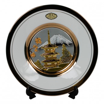 Тарелка декоративная, 15 см, белая, с подставкой, Пагода в сакуре (silver) SP/PL15W Morita&amp;Co 