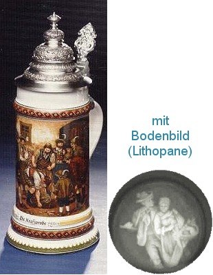 Немецкая литровая фарфоровая пивная кружка с конусовидной крышкой, полупрозрачным дном и изображением людей BZ-96-164BB 